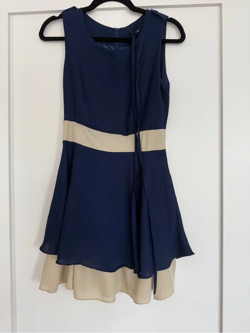 Navy Blue Fit & Flare Dress with Beige Waistband & Belt | Size Small